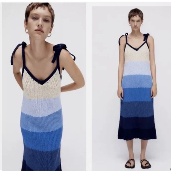 Zara Blue Beige Stripe Crotchet Dress - Limited Edition - Size S - Picture 1 of 8